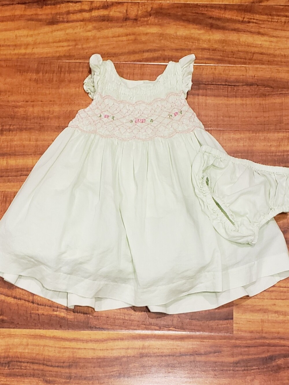 Janie and Jack EUC 12-18 months pastel green dress with smocking and embroidery